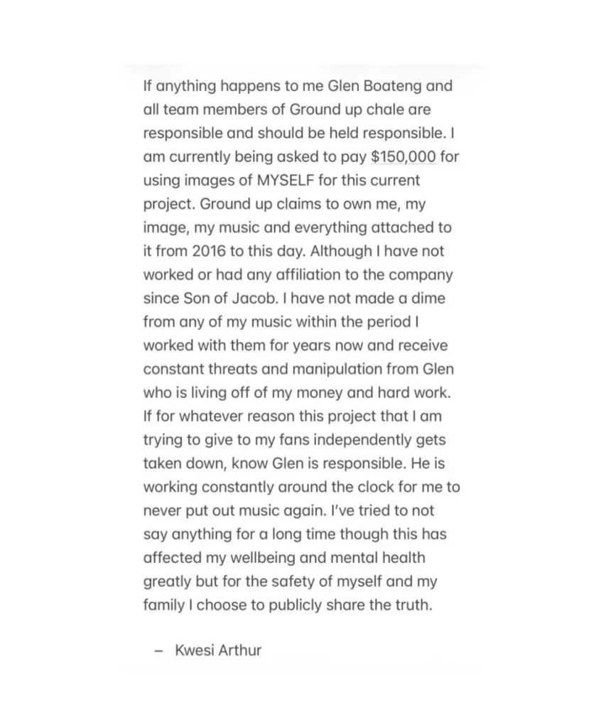 Kwesi Arthur official statement against Glen Boateng and Ground Up Chale